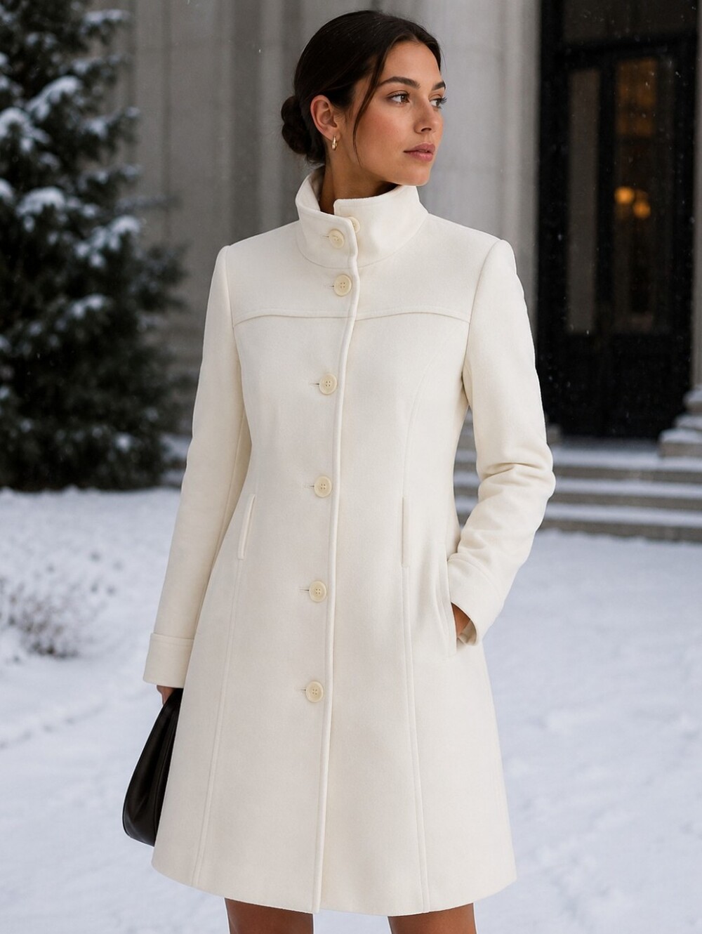 Le Chateau Cream Single-Breasted Stand-Collar Wool-Imitation Coat **BELT MISSING